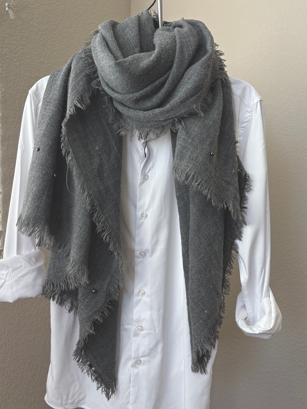 EUC Chunky Luxurious Gray Wool Blend Scarf with Embellishments